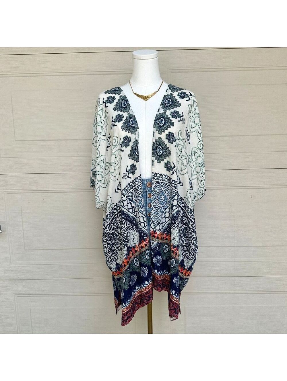 Nostalgia Rayon Boho Kimono Cardigan M Blue White Medallion Open Front